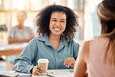 Buy stock photo Black woman, business meeting and planning marketing ideas, strategy and employee collaboration in advertising agency. Happy female designer drinking coffee in discussion, working and conversation 
