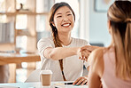 Business women, interview and handshake by happy, smile and hand of hr in support of deal, contract and hiring in office. Hand shake, partnership and recruitment success by excited asian leader 