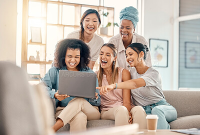 Buy stock photo Startup business, women and laptop with happy employees laughing about funny social media meme together on office couch. Female entrepreneur team together for success, happiness and online comic post