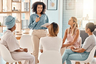 Buy stock photo Leadership, presentation and business women in meeting for strategy, planning and presenting ideas to team. Empowerment, diversity and black woman speaking to female workers in creative workspace