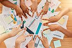 Victory fingers in a circle, work collaboration and teambuilding of creative marketing company. Employee solidarity, peace hands together and business staff with support, trust and workforce teamwork