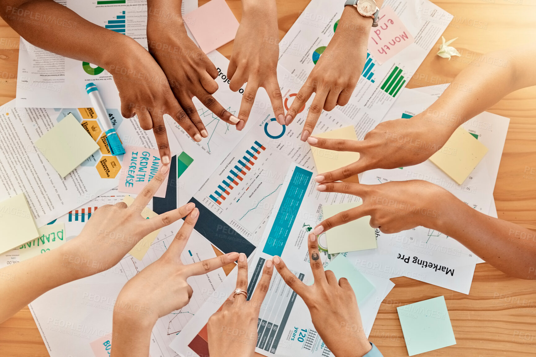 Buy stock photo Victory fingers in a circle, marketing collaboration and teambuilding at a creative advertising company. Employee solidarity, peace hands together and business staff with support, trust and teamwork 