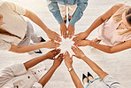 Hands together, office and women hand circle of business employee group at work. Above view of diversity, teamwork and collaboration of people showing support, corporate trust and job community