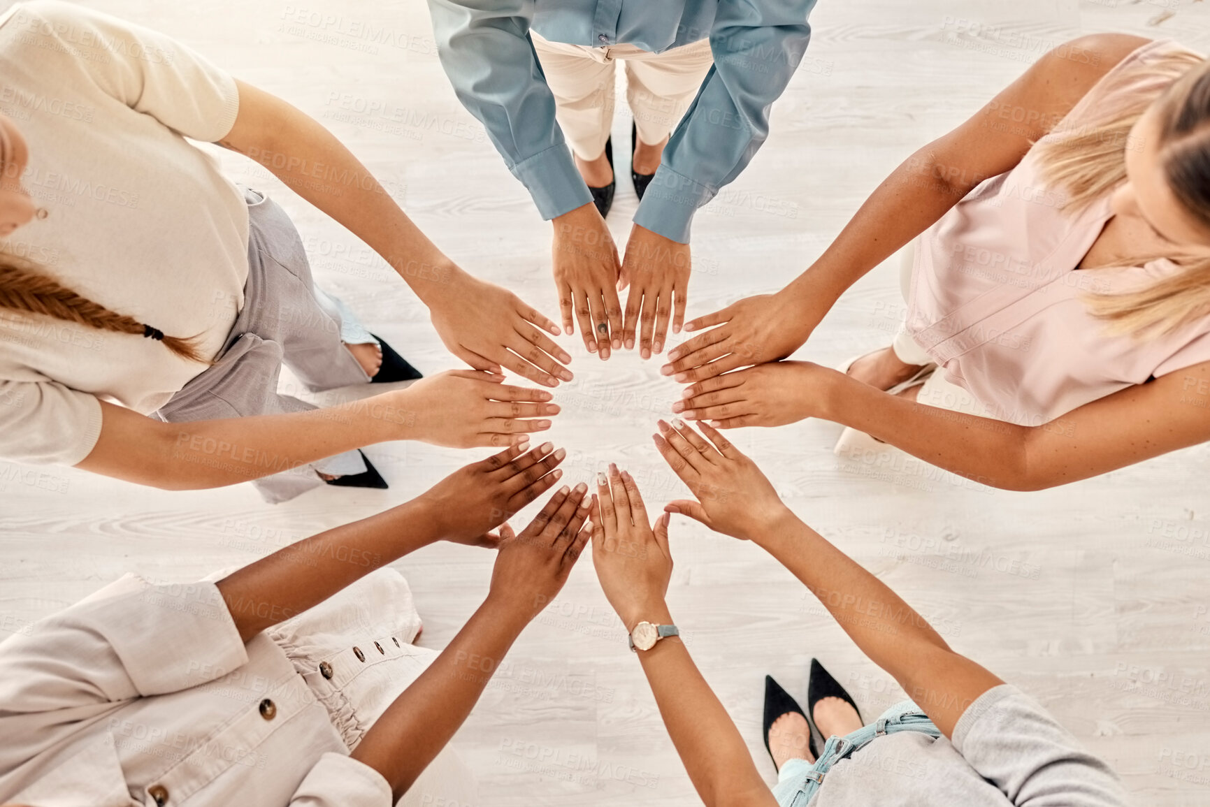 Buy stock photo Hands together, office and women hand circle of business employee group at work. Above view of diversity, teamwork and collaboration of people showing support, corporate trust and job community