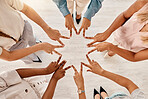 Peace, diversity and hands of business people with sign of teamwork support, solidarity and partnership collaboration. Trust, team building mission and community networking meeting for unity top view