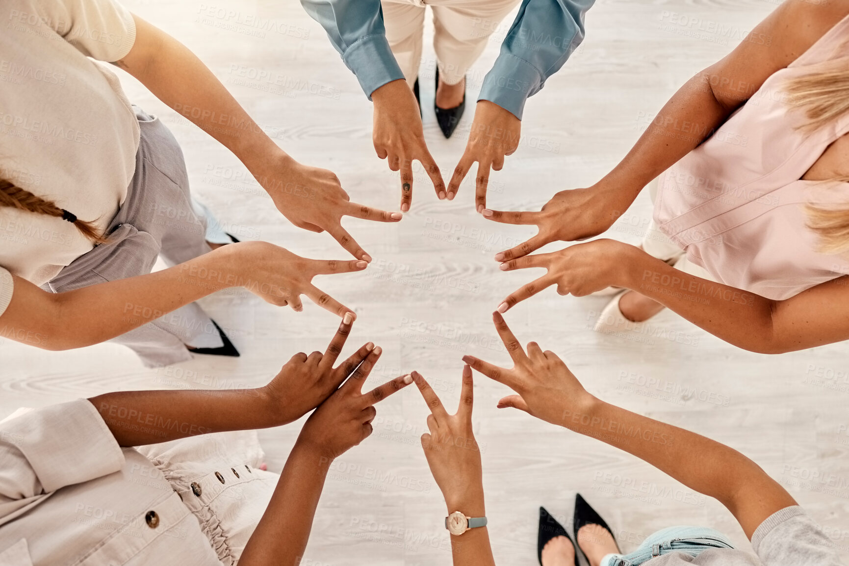 Buy stock photo Peace, diversity and hands of business people with sign of teamwork support, solidarity and partnership collaboration. Trust, team building mission and community networking meeting for unity top view