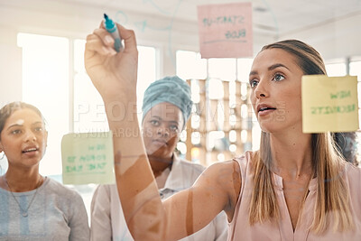 Buy stock photo Office, women and team planning with content marketing notes working on an office board. Business strategy, collaboration and teamwork of diversity staff talking and writing work schedule data
