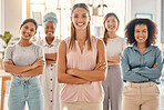 Business woman leadership, empowerment and portrait of diversity management, smile collaboration and employee motivation of office teamwork. Happy women, staff group and commitment to goals in agency