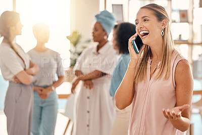 Buy stock photo Business woman, phone call and excited deal, bonus and good news for success, motivation and happiness in office agency. Happy, laughing and young worker talking to client on smartphone about sales 