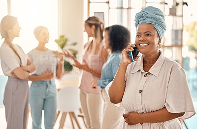 Buy stock photo Black woman, leader and phone call with smile, happy and have conversation for business with team brainstorming. Female entrepreneur, smartphone and talking for startup company, project and relax.