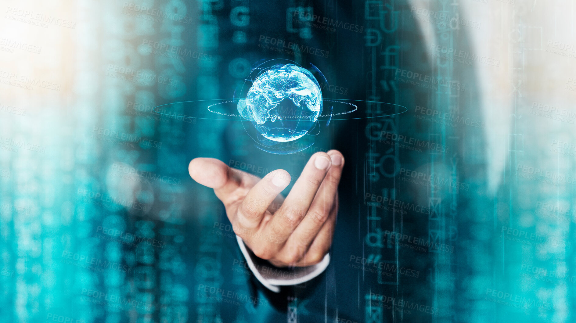 Buy stock photo Digital overlay, earth hologram and futuristic global technology future of network connection, online iot infrastructure and cloud computing software. Double exposure, 5g internet and blockchain tech