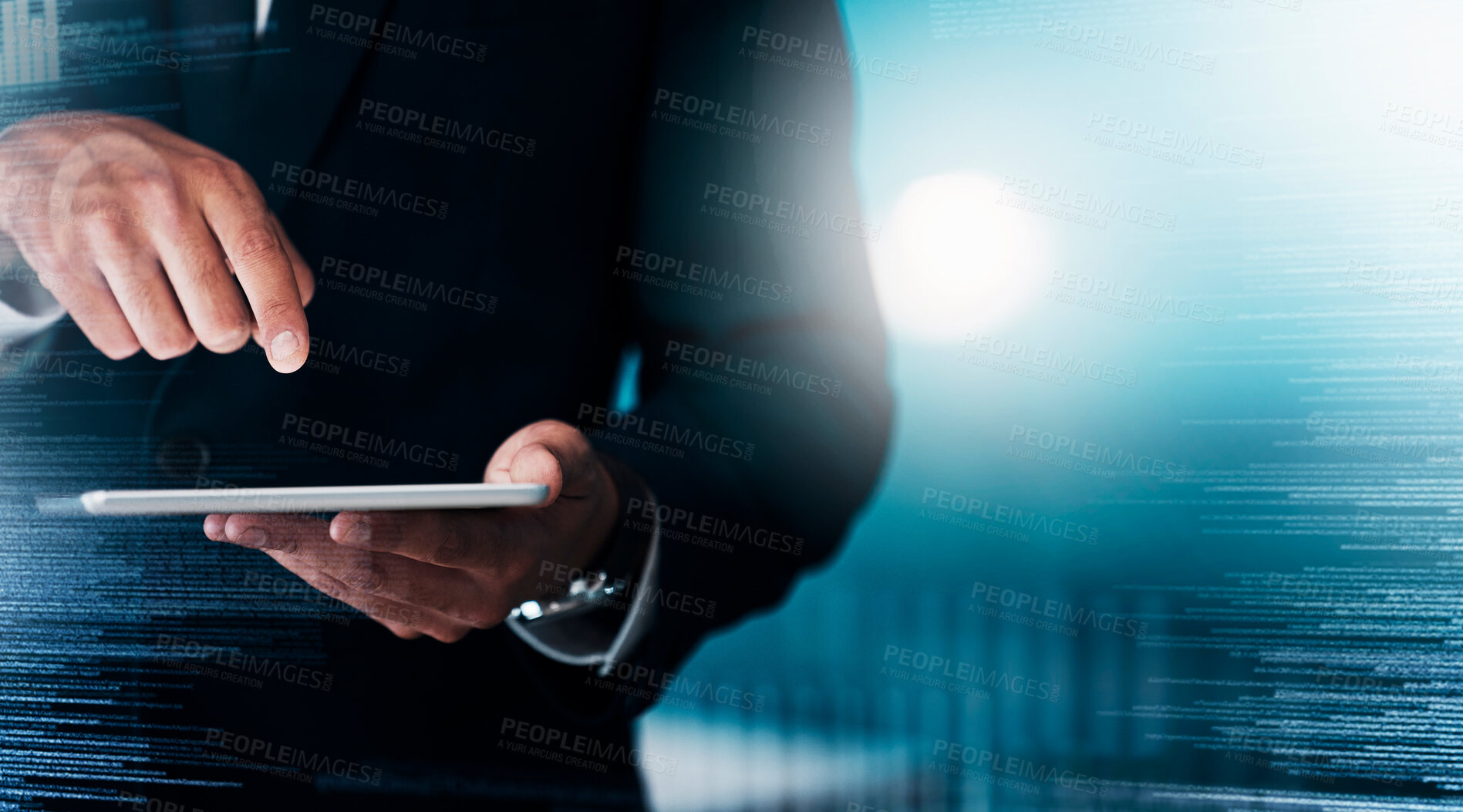 Buy stock photo Zoom of hands, tablet or businessman with futuristic cyberpunk network, cloud computing or crypto investment research. Stock market, networking or innovation financial software for technology UX app