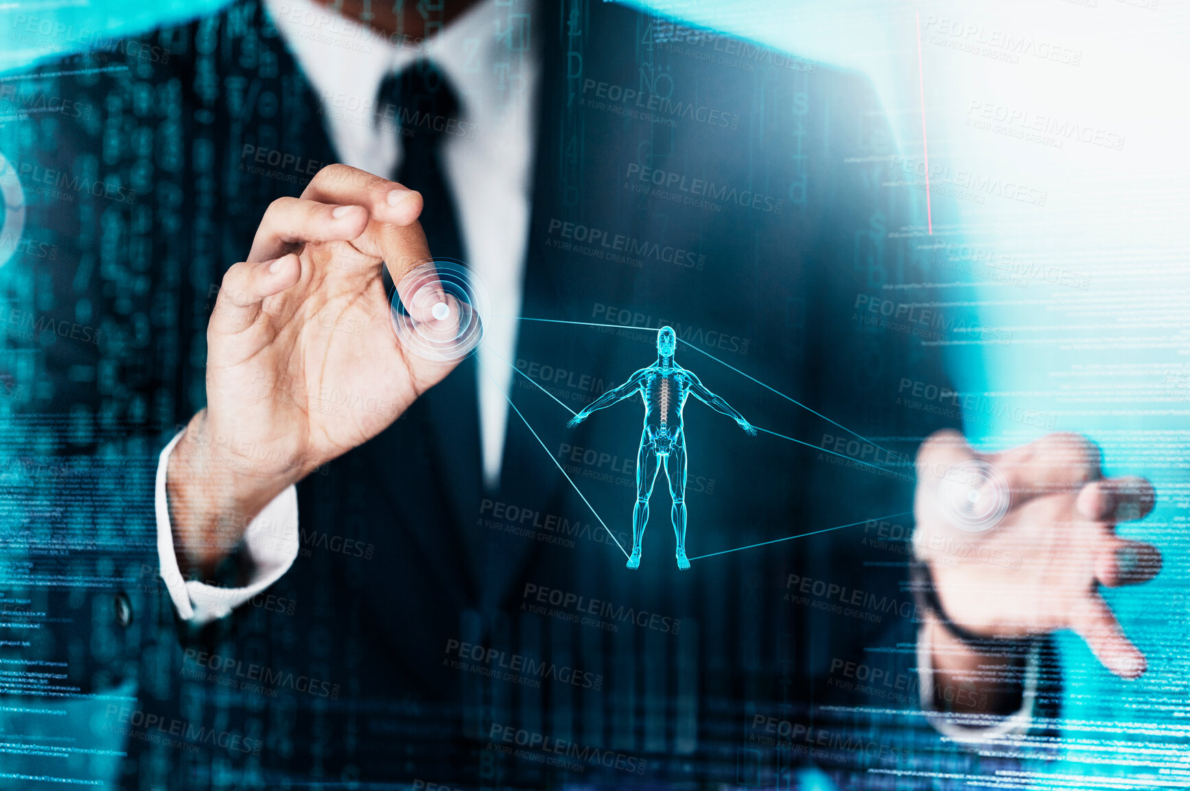 Buy stock photo Hologram, futuristic technology and human body health with medical ai app or digital healthcare in metaverse. Business man, anatomy overlay and innovation for futuristic ux patient care consultation