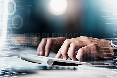 Buy stock photo Developer, overlay and hands typing on a keyboard for digital transformation, cloud computing and code research. Software, programmer and web designer coding ai, it and programming website iot data 