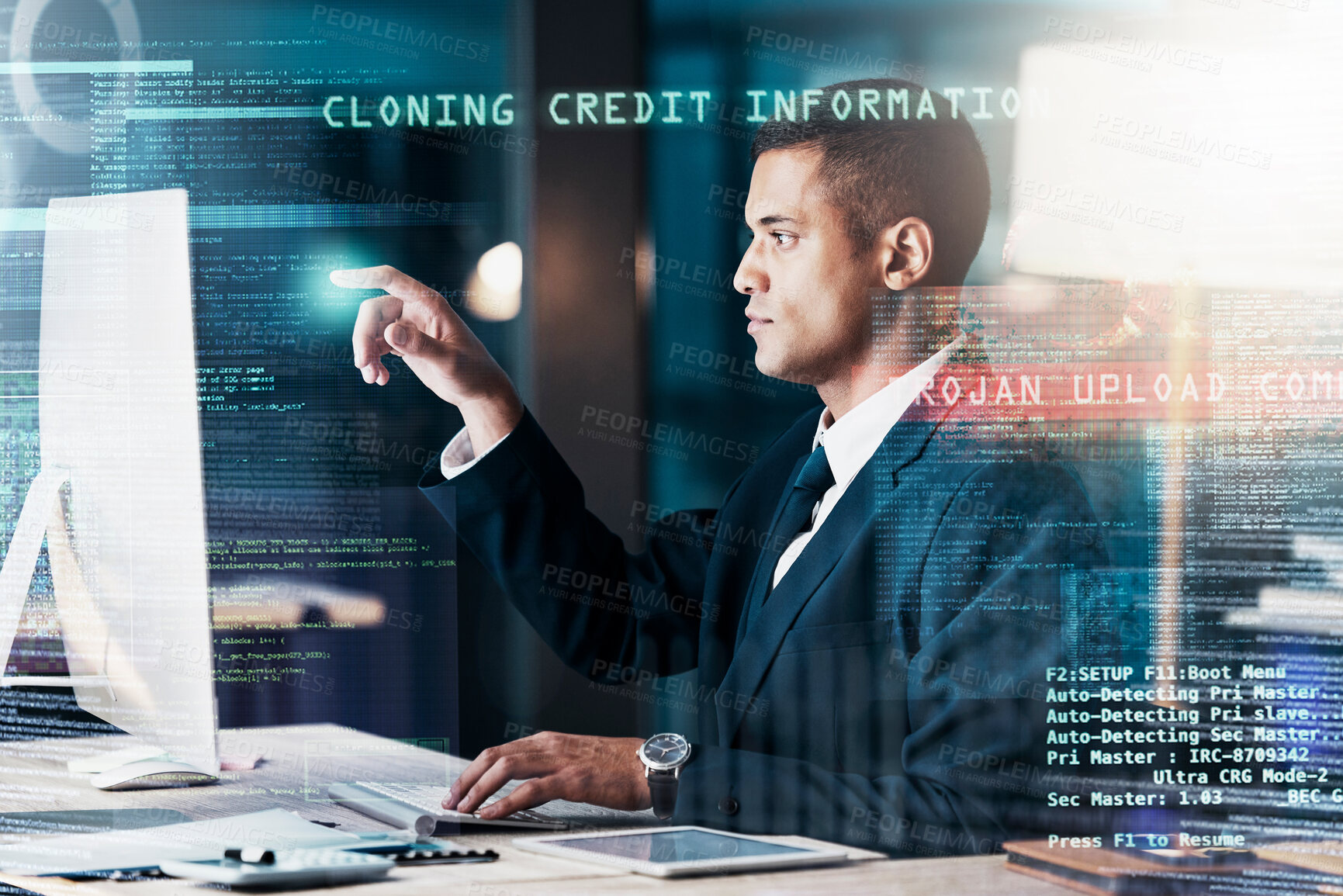 Buy stock photo Businessman, overlay and computer virus, hacking and digital glitch, 404 error and cybersecurity with futuristic 3d. Ai, double exposure or IT cyber security expert with online protection from hacker
