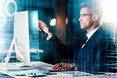 Buy stock photo Businessman, computer and futuristic hologram code for cyber security software, website seo and blockchain cybersecurity. Web developer, programmer and designer with digital transformation technology