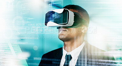 Buy stock photo Futuristic businessman, vr and data hologram, innovation and technology in virtual cyber security office. Augmented reality, digital transformation and future vision, man in virtual reality headset.