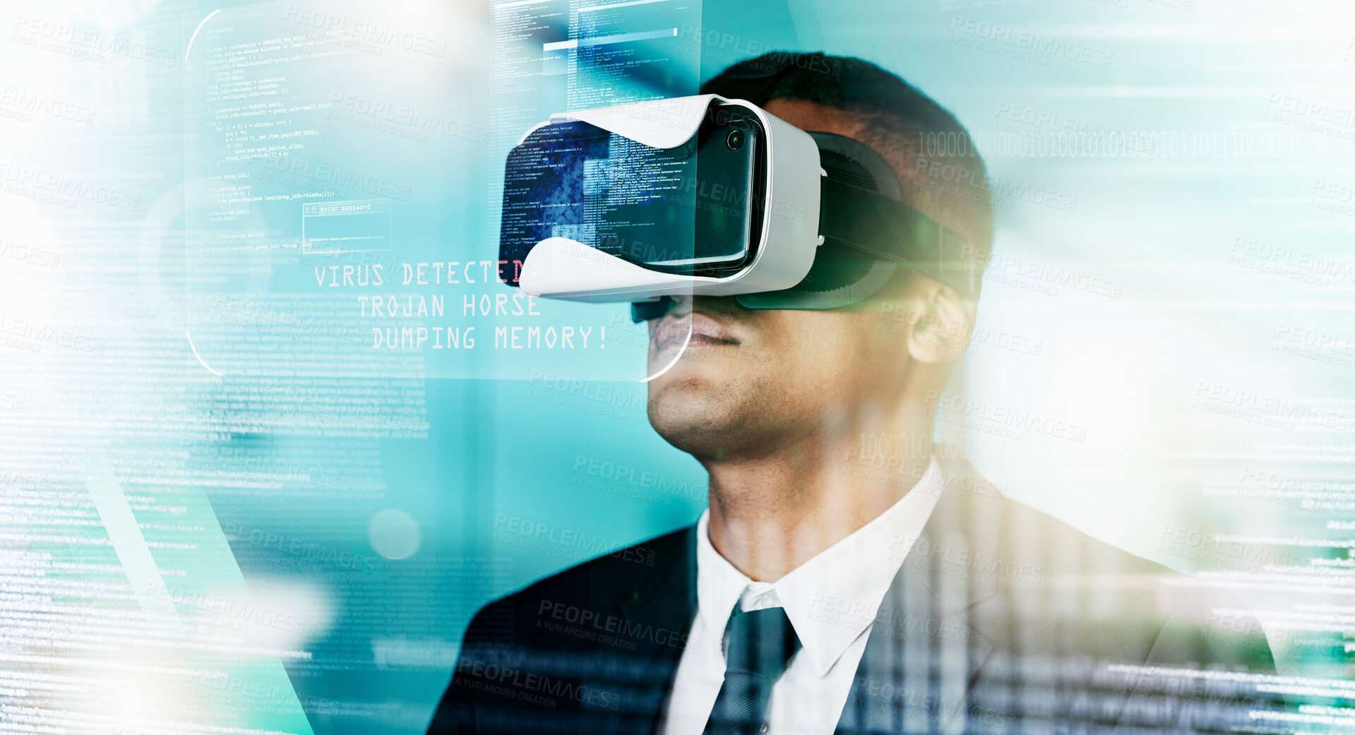 Buy stock photo Futuristic businessman, vr and data hologram, innovation and technology in virtual cyber security office. Augmented reality, digital transformation and future vision, man in virtual reality headset.