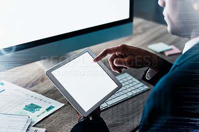 Buy stock photo Tablet, computer and mock up businessman hands for digital market research, fintech system analytics or multimedia software development. Corporate, information technology and business man with screen