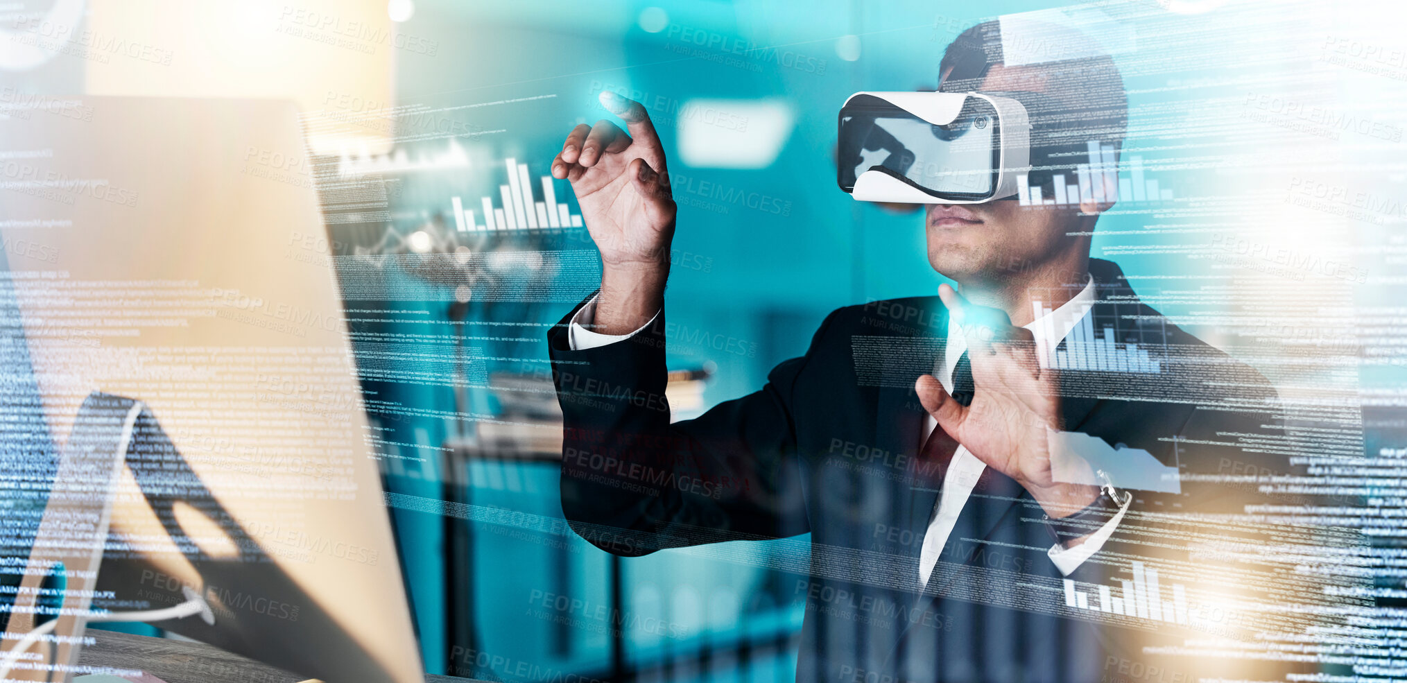Buy stock photo VR, businessman and web developer in cyber metaverse, seo coding and big data, digital transformation and innovation. Virtual reality graphics, software engineer code and future programmer analytics 