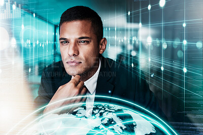 Buy stock photo Hologram, world and thinking with a business man on a digital overlay background with futuristic technology. Earth, metaverse and 3d with a male employee networking around the virtual globe