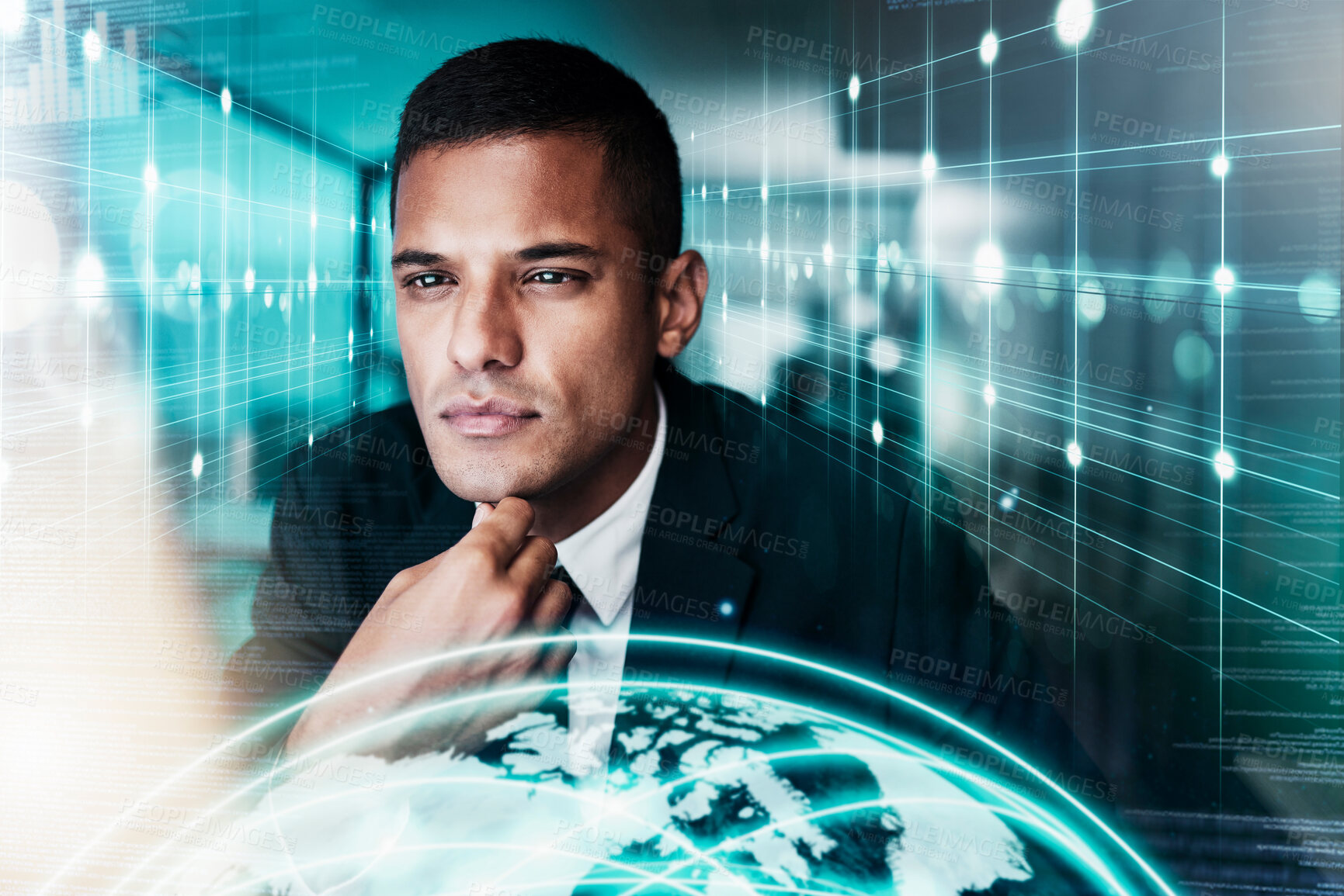 Buy stock photo Hologram, world and thinking with a business man on a digital overlay background with futuristic technology. Earth, metaverse and 3d with a male employee networking around the virtual globe