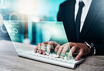 Hands, hologram and man on laptop in office for finance, planning and investment on futuristic, innovation and software. Double exposure, hands and businessman on keyboard, stock market and trading