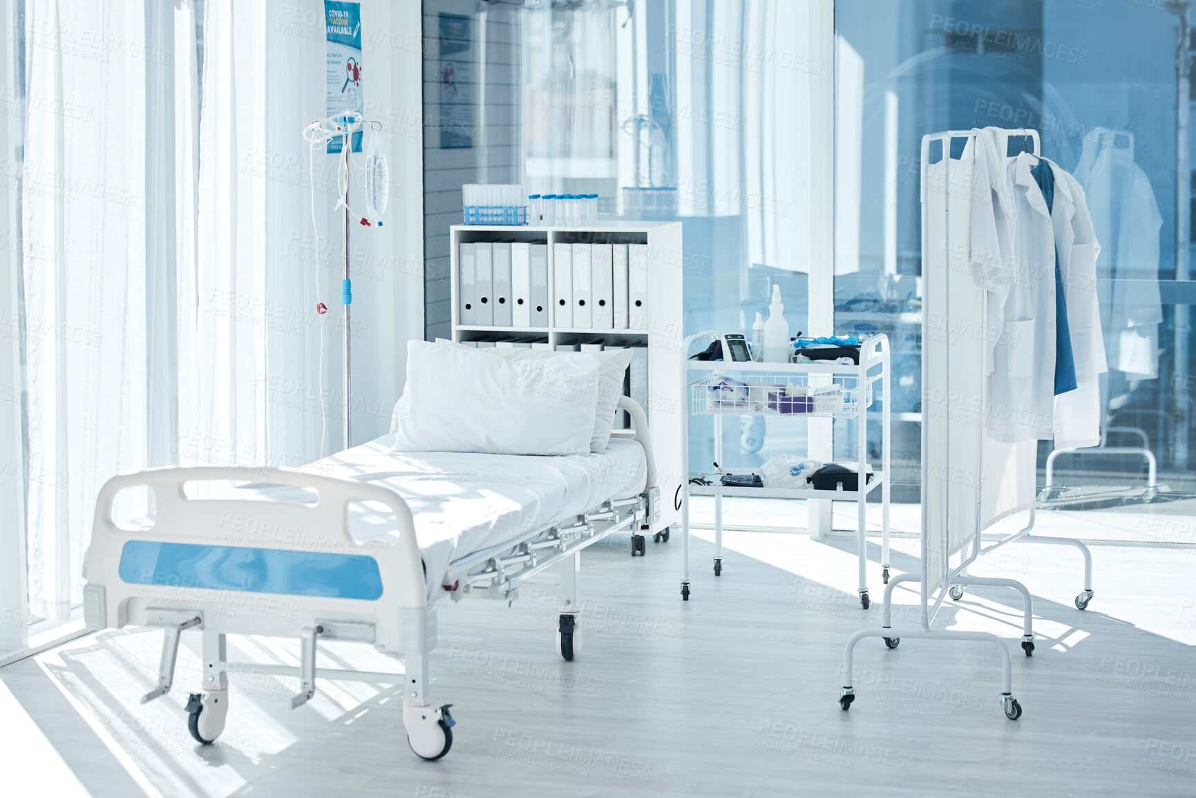 Buy stock photo Backgrounds of empty patient room, bed and private healthcare facility, hospital and medical center of consulting, healing and rehabilitation. Furniture interior, clinic bedroom and health care space