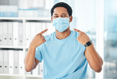 Buy stock photo Covid, healthcare and safety with a man in a mask at the hospital for an appointment, checkup or vaccine. Medical, medicine and insurance with a male patient during the corona virus pandemic
