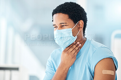 Buy stock photo Man, covid face mask and sore throat in hospital with vaccine plaster, bacteria infection or healthcare crisis. Black person, pain and sick with covid 19 virus in medical clinic, pharmacy or lockdown