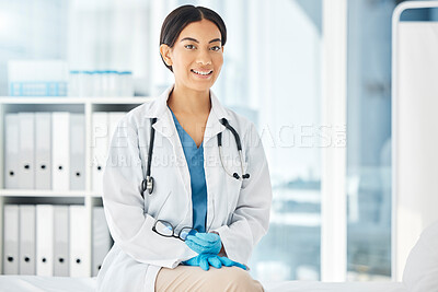 Buy stock photo Healthcare, medicine and a happy doctor, woman in her office with a smile and a stethoscope. Vision, success and empowerment, portrait of a female medical professional or health care employee at work