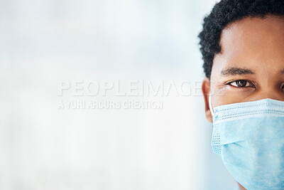 Buy stock photo Mockup of black man, face mask and covid 19 healthcare, medical wellness or bacteria safety, global emergency and pandemic risk. Portrait of african guy, corona virus ppe and protection on copy space