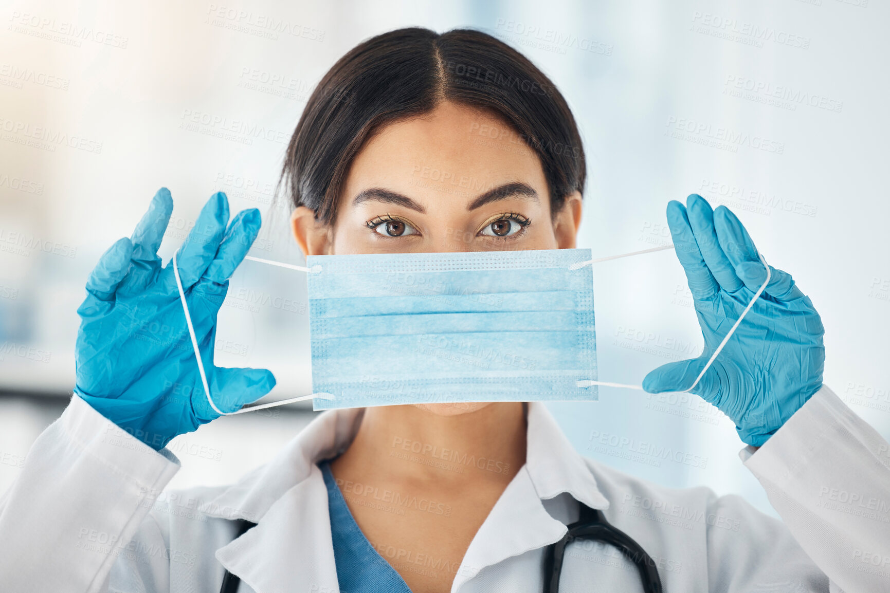 Buy stock photo Covid face mask, woman doctor and safety ppe for healthcare, wellness consulting and professional surgeon working in hospital. Portrait of medical worker prepare for corona virus surgery in clinic 