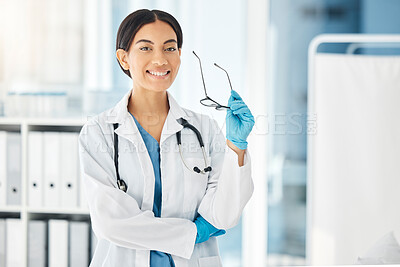 Buy stock photo Research doctor, woman and lab employee ready for science, hospital and clinic work. Portrait of a laboratory, medicine and health worker from India looking happy about expert cardiology job