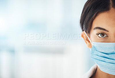 Buy stock photo Covid, face mask and doctor woman with protection, safety or confident with prevention. Portrait, female Indian medical professional or half with facial mask for healthcare, against corona or illness