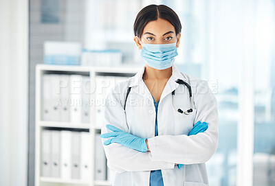 Buy stock photo Covid, medical and arms crossed with portrait of doctor with face mask for medicine, help and insurance in hospital. Consulting, pandemic and healthcare with woman in clinic fo surgery and innovation