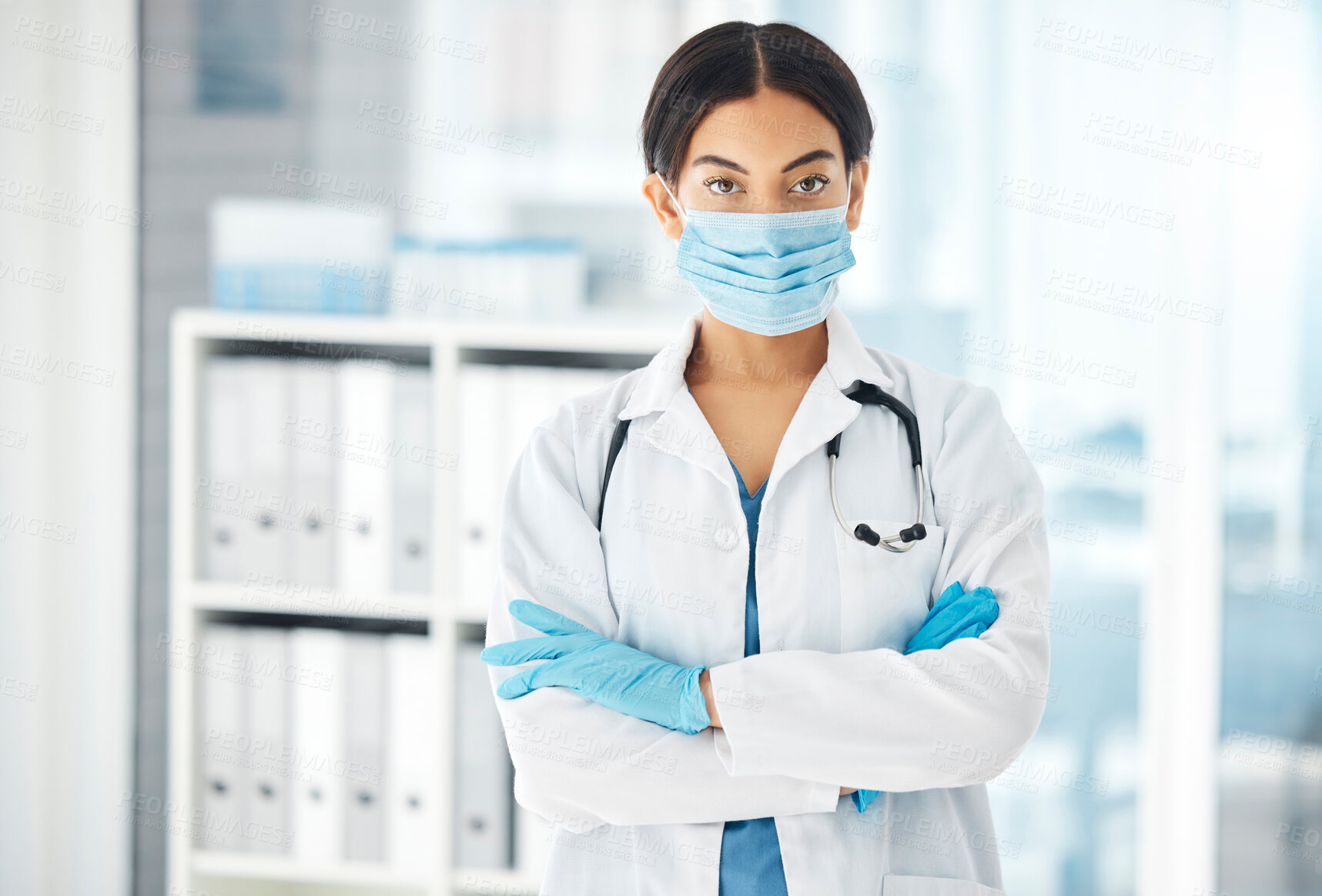 Buy stock photo Covid, medical and arms crossed with portrait of doctor with face mask for medicine, help and insurance in hospital. Consulting, pandemic and healthcare with woman in clinic fo surgery and innovation