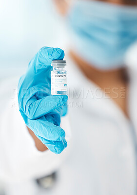 Buy stock photo Covid, medicine and vaccine with hands of doctor for innovation, medical and pharmacy. Science, research and immunity with healthcare worker and bottle of treatment for virus, flu and drug injection