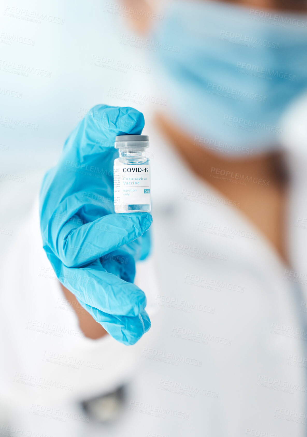 Buy stock photo Covid, medicine and vaccine with hands of doctor for innovation, medical and pharmacy. Science, research and immunity with healthcare worker and bottle of treatment for virus, flu and drug injection
