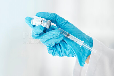 Buy stock photo Covid, vaccine and medicine with hands of doctor and syringe for medical, science or pharmacy. Research, innovation or healthcare injection for nurse and prevention drug for flu, disease or treatment