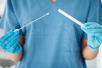 Buy stock photo Hands, doctor and covid test in hospital for research, collect and healthcare innovation closeup. Hand, nurse and covid 19 testing with medical sample for laboratory, pathology and science experiment