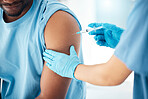 Covid vaccine, hands and doctor with man in hospital for healthcare, safety and disease prevention. Medicine, nurse and corona injection on arm in clinic with compliance, antibody and vaccination