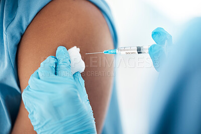 Buy stock photo Covid vaccine, injection and doctor hands, medicine safety and needle, syringe and flu shot service in hospital. Patient arm, medical treatment and nurse in healthcare clinic, bacteria and virus risk