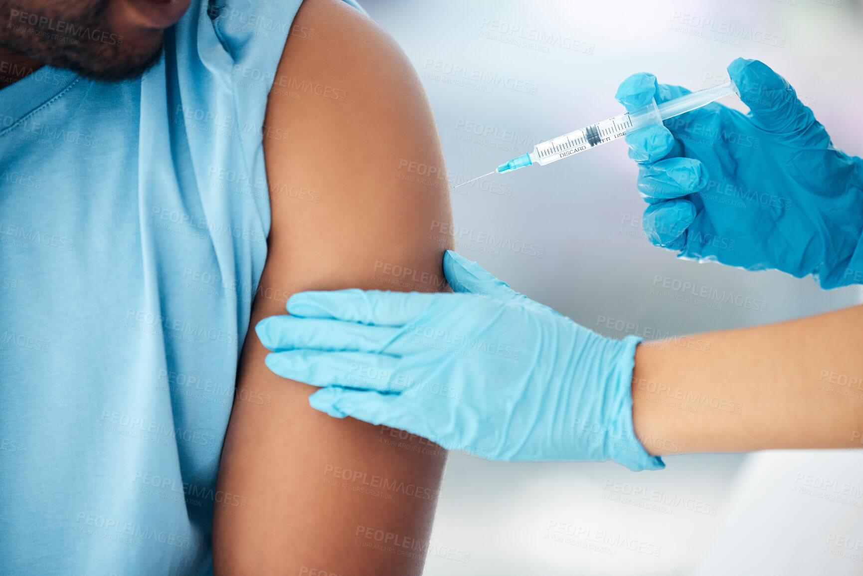 Buy stock photo Covid vaccine, doctor hands with patient medical injection zoom in hospital or clinic for safety, compliance and insurance. Trust, expert and healthcare worker with corona virus vaccination medicine