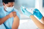 Doctor hands giving covid 19 vaccine injection to patient for healthcare safety, medical service and bacteria risk protection in clinic. Nurse prepare syringe, vial and corona virus flu shot medicine