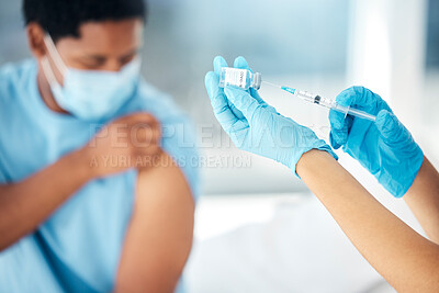 Buy stock photo Doctor hands giving covid vaccine injection to patient for healthcare safety, medical service and bacteria risk protection in clinic. Nurse prepare syringe, vial and corona virus flu shot medicine