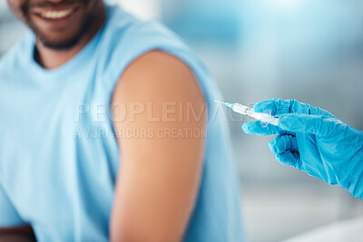Buy stock photo Doctor hands, covid and vaccine for black man, hospital patient or person for global virus safety, security or wellness. Zoom, medical healthcare worker and nurse and covid 19 booster medicine needle