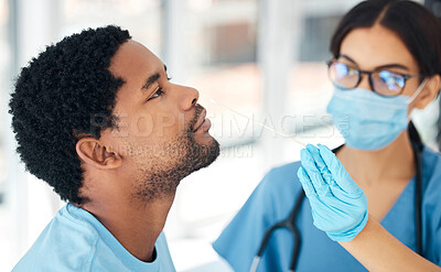 Buy stock photo Healthcare, hand and covid test by doctor with man in hospital for diagnosis, compliance and health check. Medical, research and corona testing by nurse and patient nose, sample and consultation room