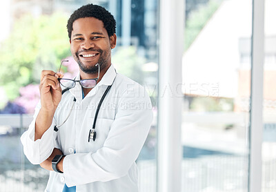 Buy stock photo Smile, portrait and doctor in consulting room for healthcare, surgery and innovation in medicine. Medical, leader and man health worker happy, excited and proud of vision, service and goal in clinic