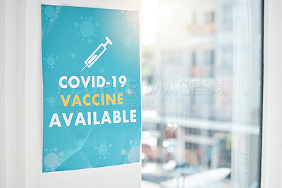 Buy stock photo Poster, covid and vaccine with a sign on a wall in an empty hospital or clinic for healthcare and medication. Advert, corona virus and vaccination with a message in a health center for treatment